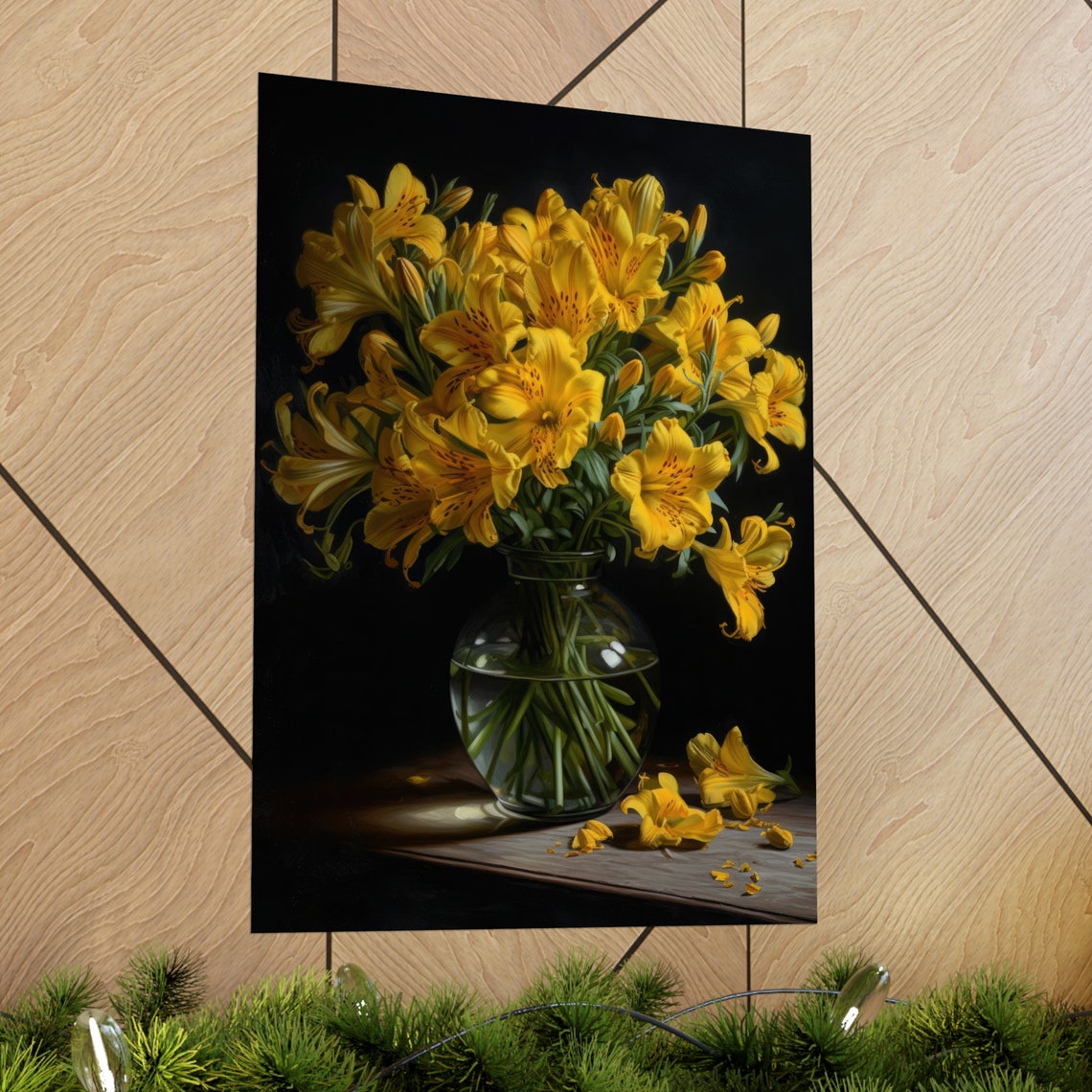 Golden Yellow Peruvian Lily Bouquet Dark Moody Still Life Poster - Image 2