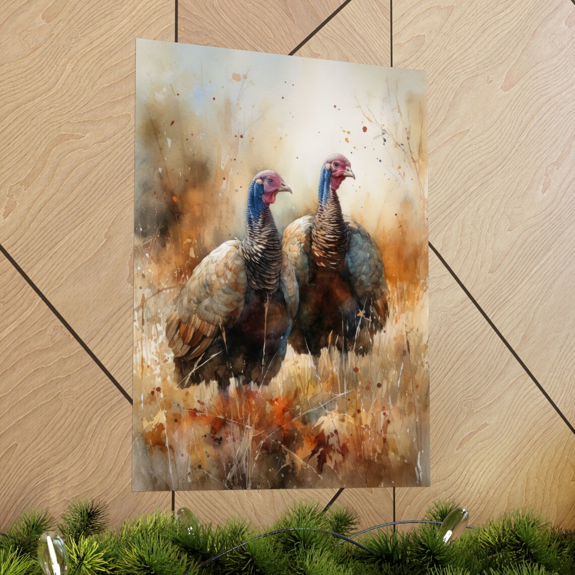 Pair of Wild Turkeys Golden Meadow Watercolor Rustic Wall Art Print - Image 2