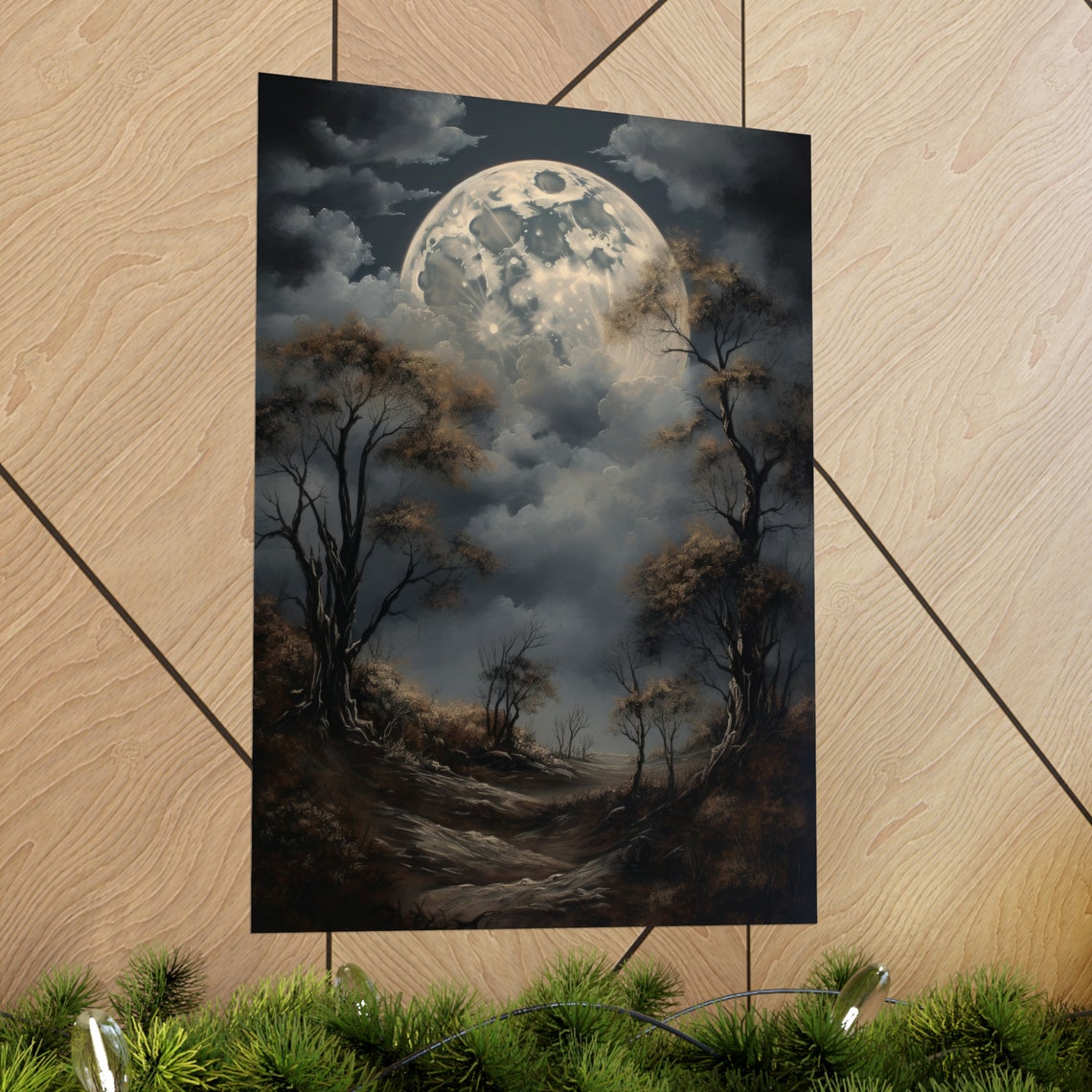 Dark Academia Full Moon Over Stormy Clouds Moody Night Art Print - Image 2