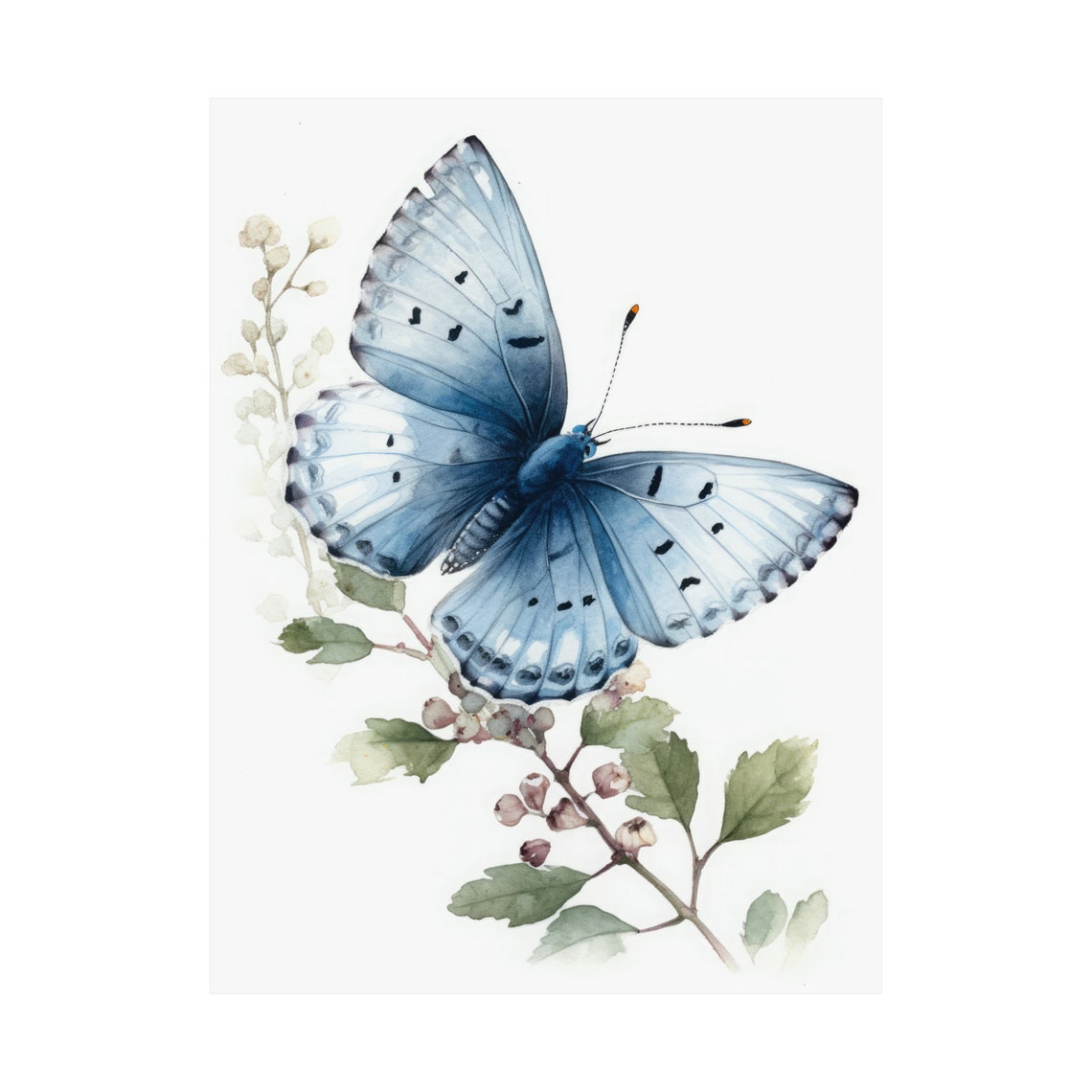 Blue Butterfly on Blossom Branch Watercolor Insect Painting Art Print - Image 4