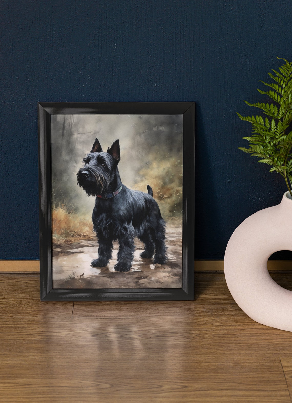 Scottish Terrier Black Misty Path Watercolor Portrait Breed Poster