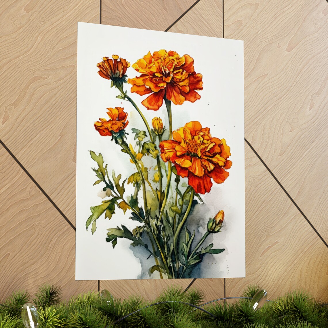 Orange Marigold Flowers Watercolor Botanical Floral Fine Art Poster - Image 2