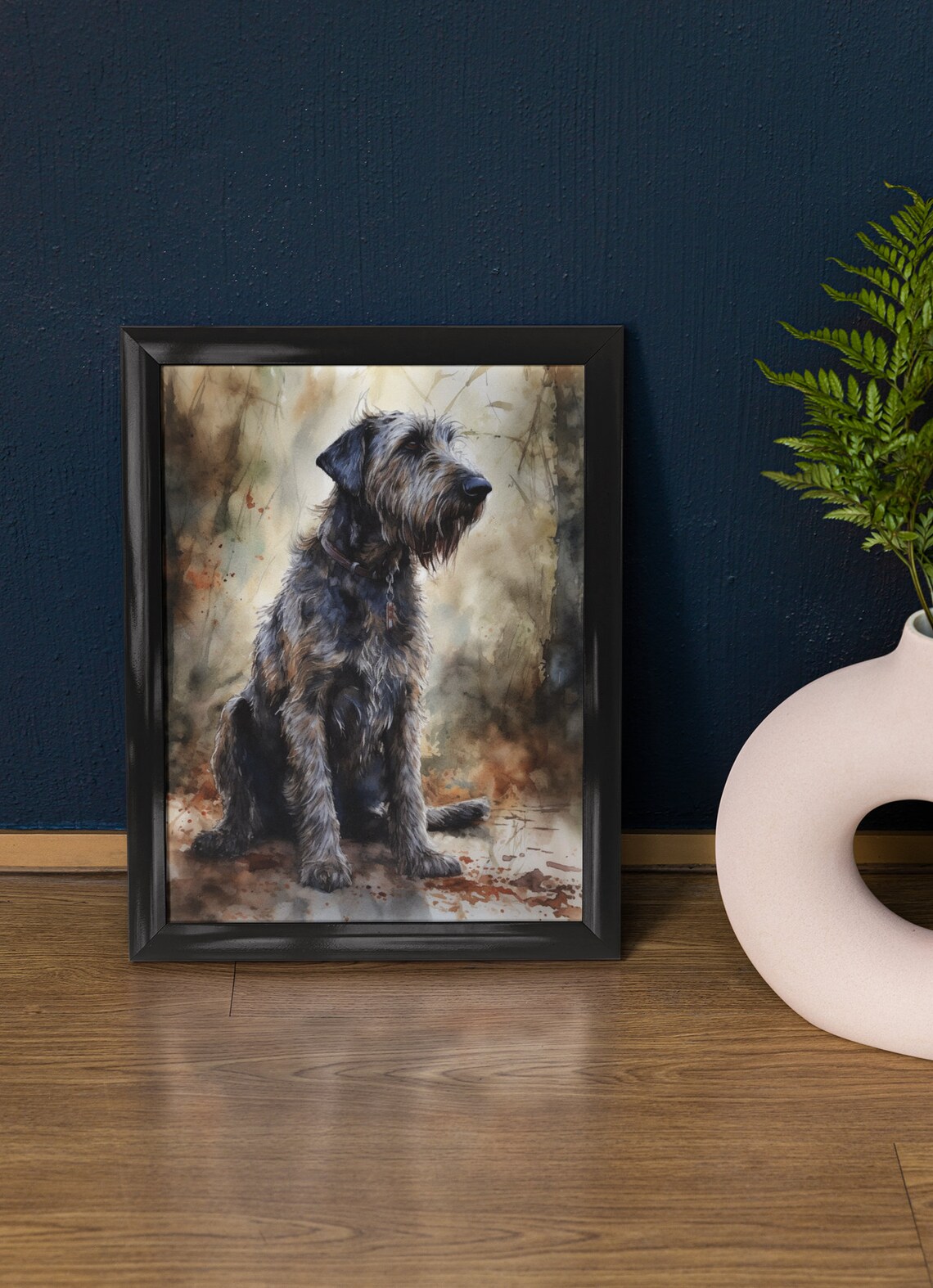 Irish Wolfhound Shaggy Dark Coat Woodland Watercolor Portrait Poster