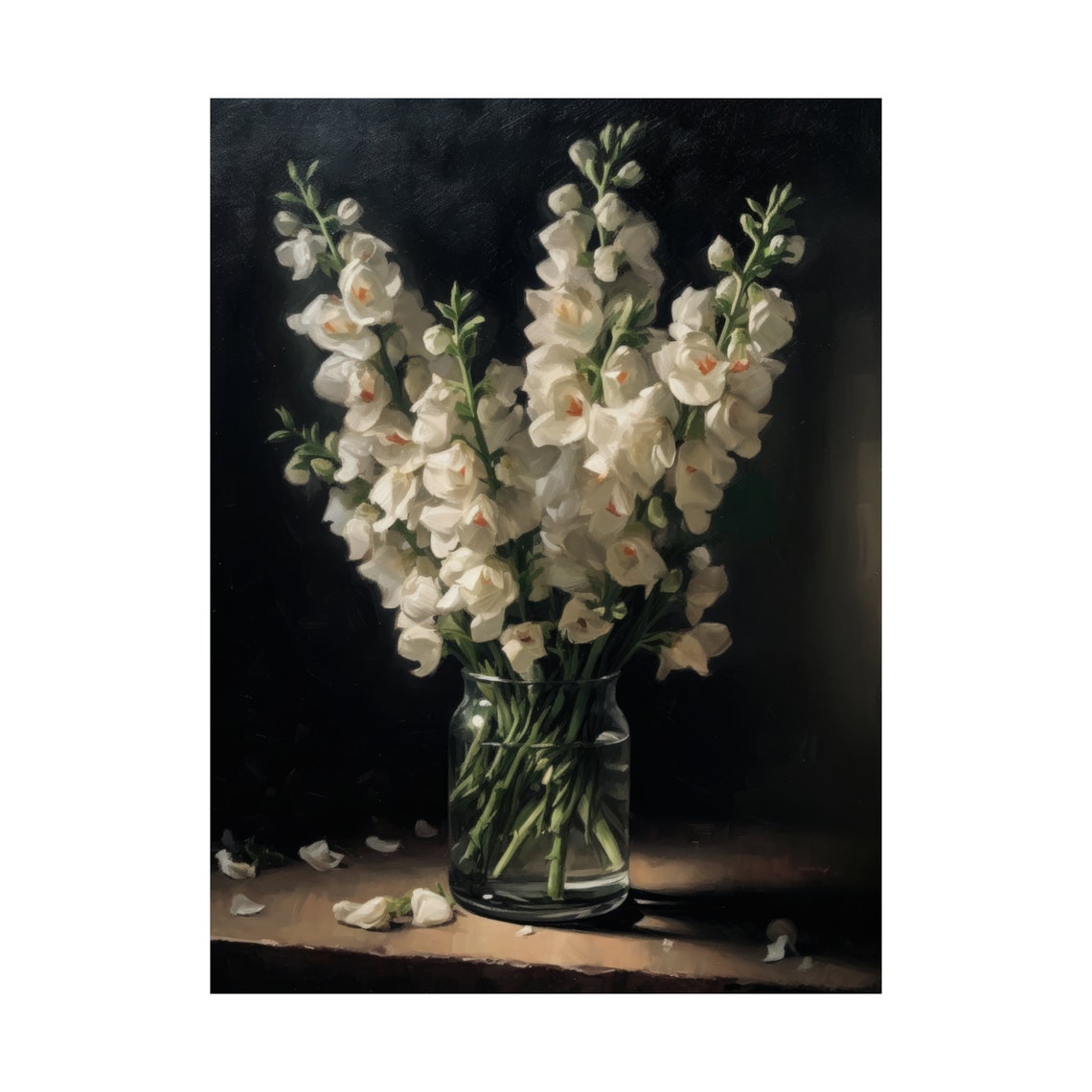 White Snapdragon Blush Throats Glass Vase Dark Still Life Poster - Image 4