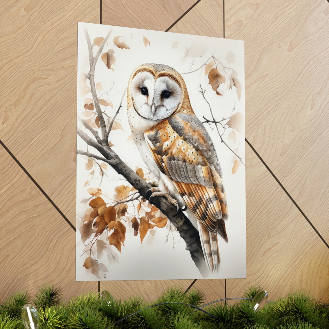 Barn Owl Watercolor Branch Autumn Leaves Bird Painting Wall Art - Image 2