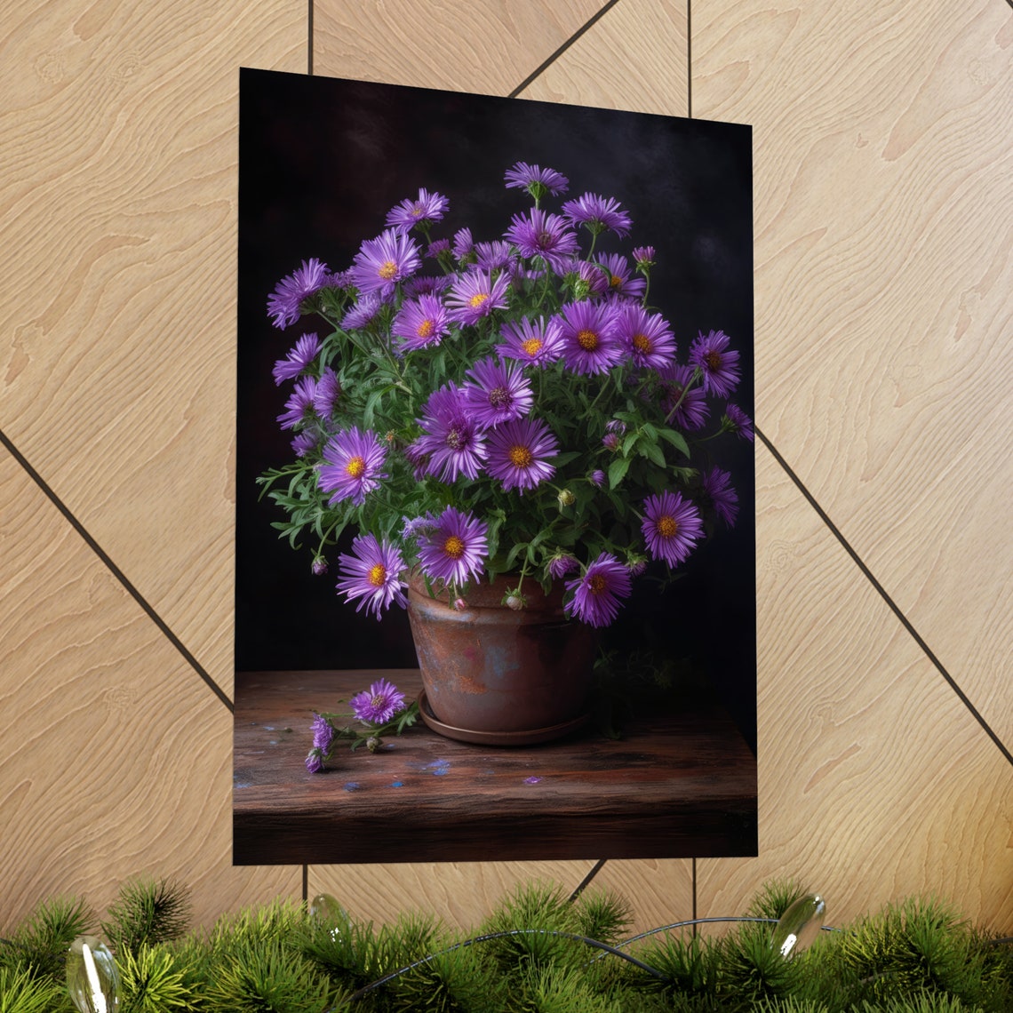 Purple Aster Flowers Rustic Copper Pot Moody Floral Painting Art Print - Image 2