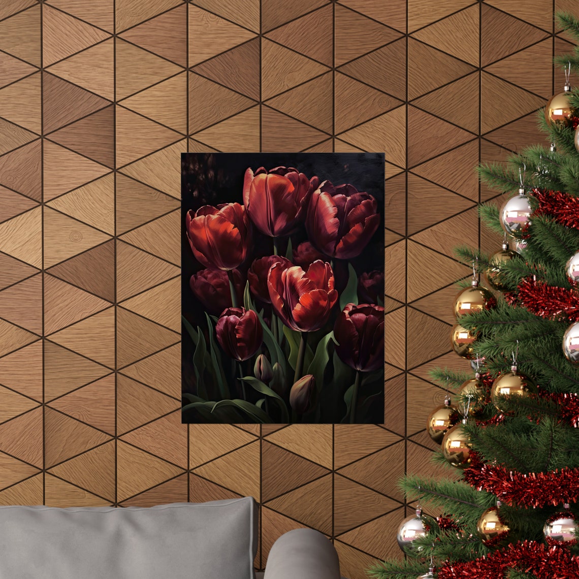 Deep Maroon Tulip Blooms Moody Dark Floral Botanical Art Print - Image 3