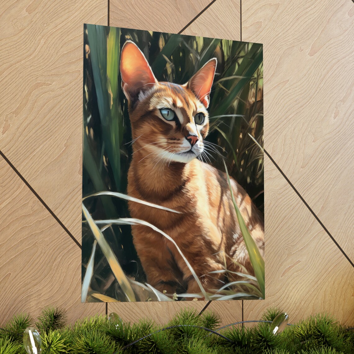 Abyssinian Cat Portrait Sunlit Grass Ruddy Ticked Coat Feline Art Print - Image 2