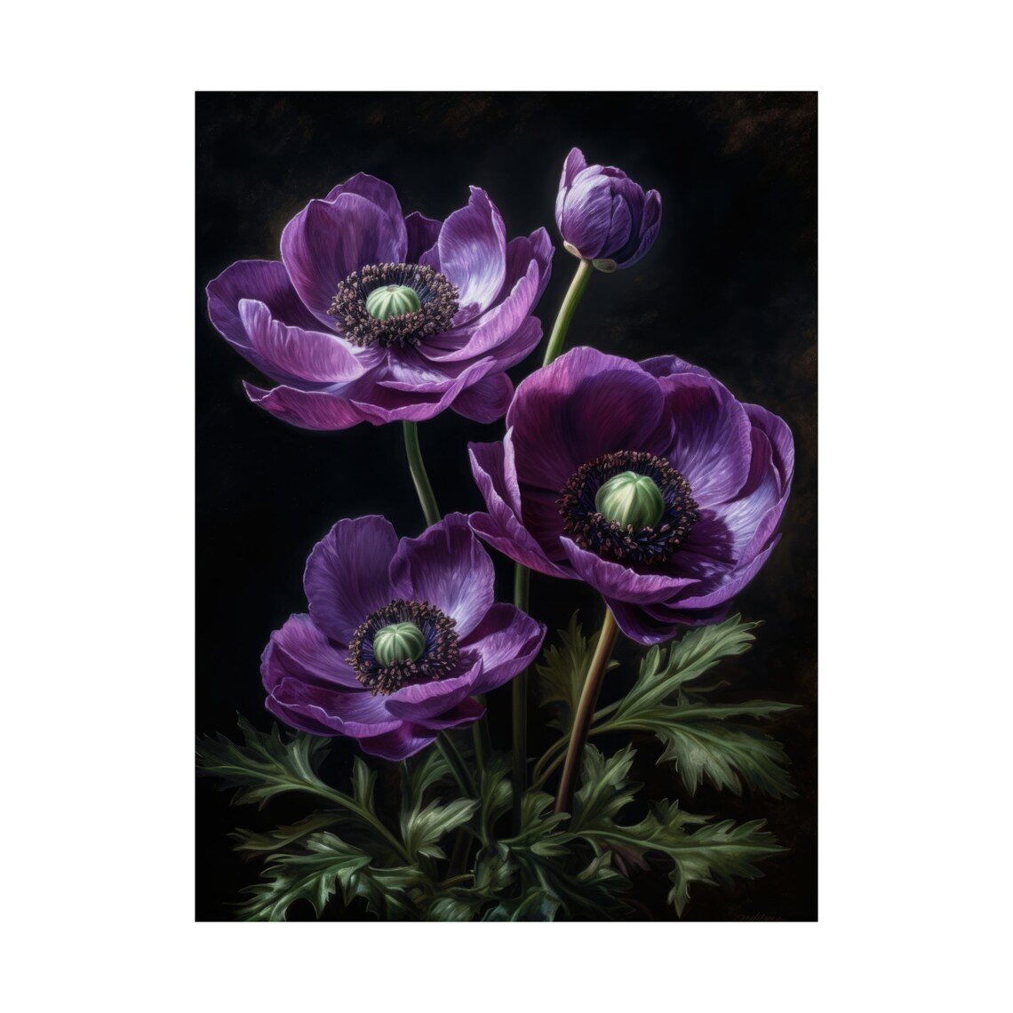Purple Anemone Blooms Buds Dark Moody Botanical Floral Art Poster - Image 4