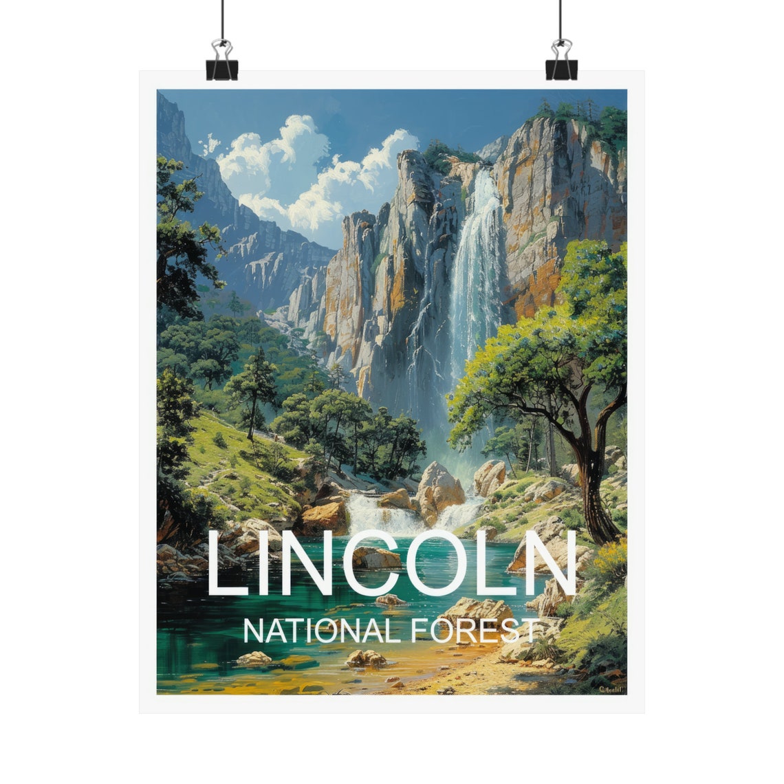 Lincoln National Forest Tall Waterfall Off Rocky Cliffs Pool Poster - Image 4