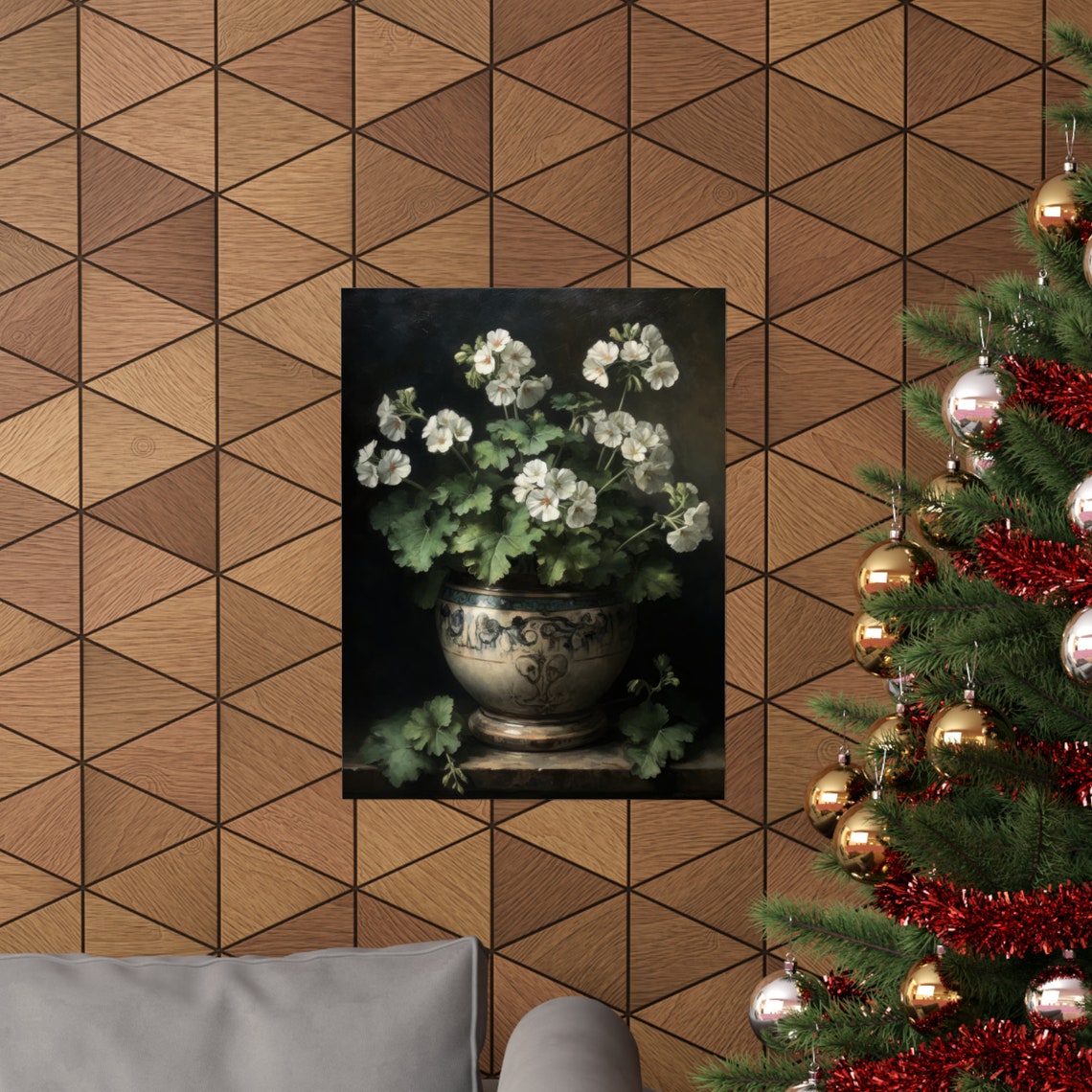 Ivory White Geranium Flowers Vintage Pot Dark Still Life Art Poster - Image 3