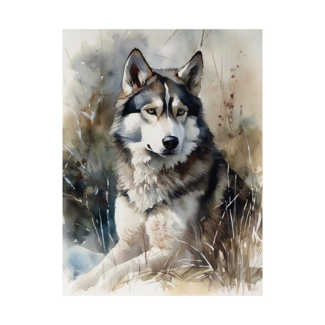 Siberian Husky Dog Watercolor Portrait in Wild Meadow Poster - Image 4