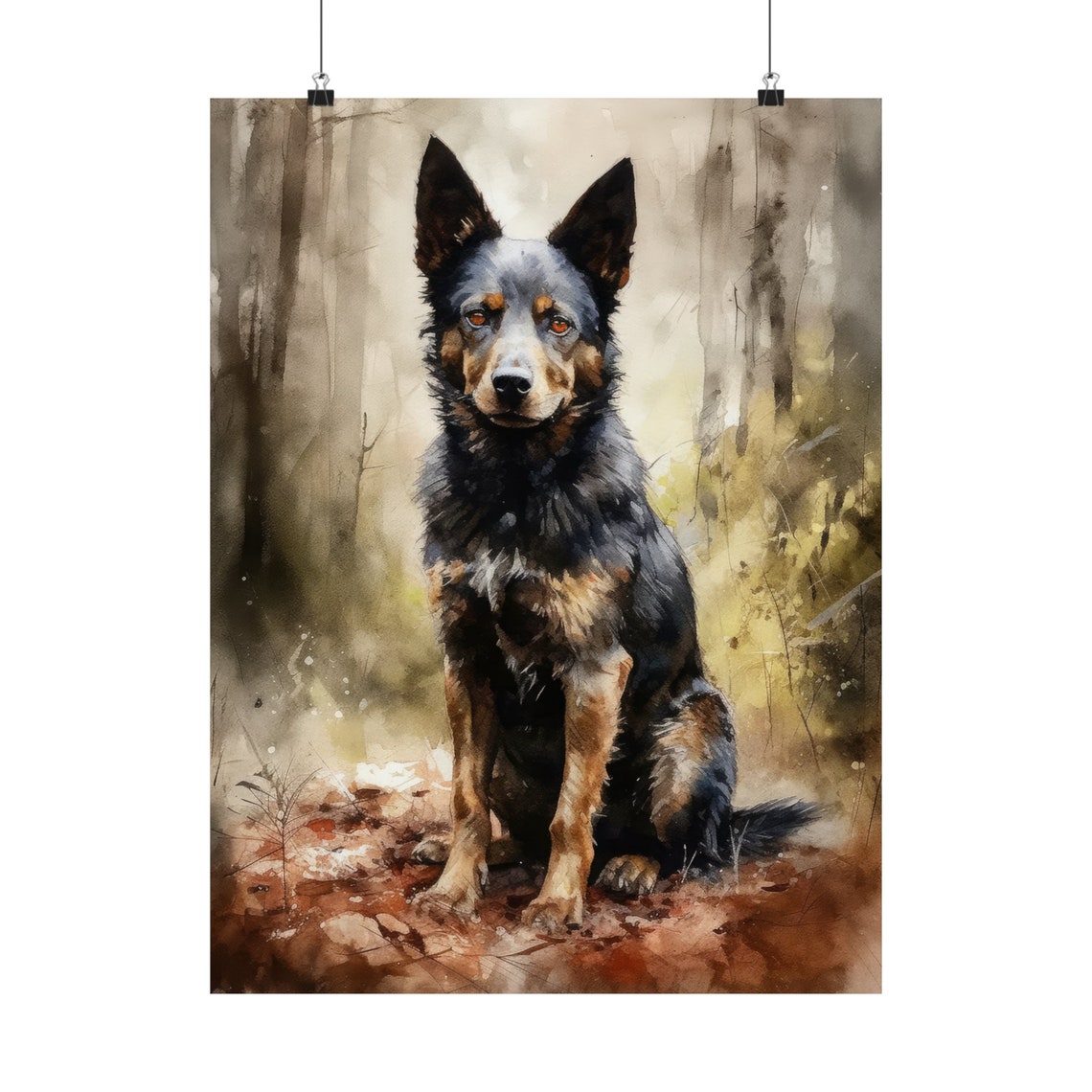 Mudi Dog Watercolor Portrait Sitting In Misty Autumn Forest Poster - Image 5