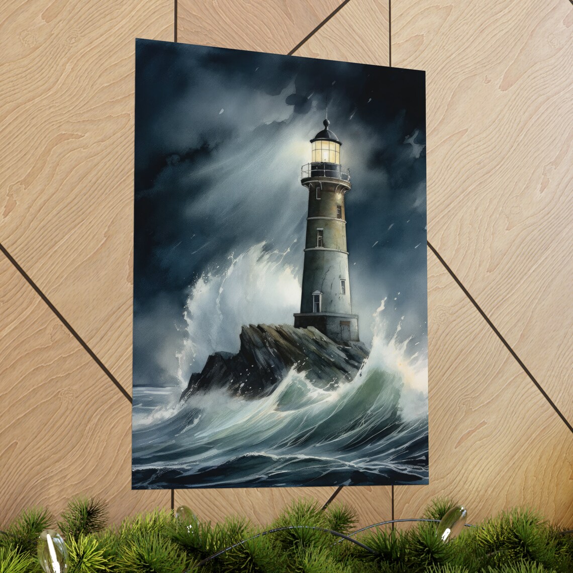 Tall Stone Lighthouse Storm Waves Night Sea Watercolor Poster - Image 2