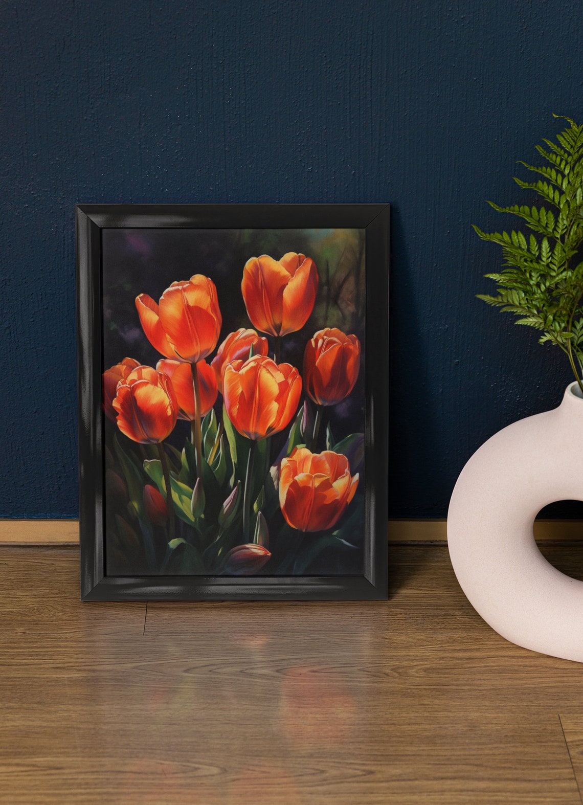 Sunlit Orange Tulips Bold Blooms Dark Floral Botanical Art Print