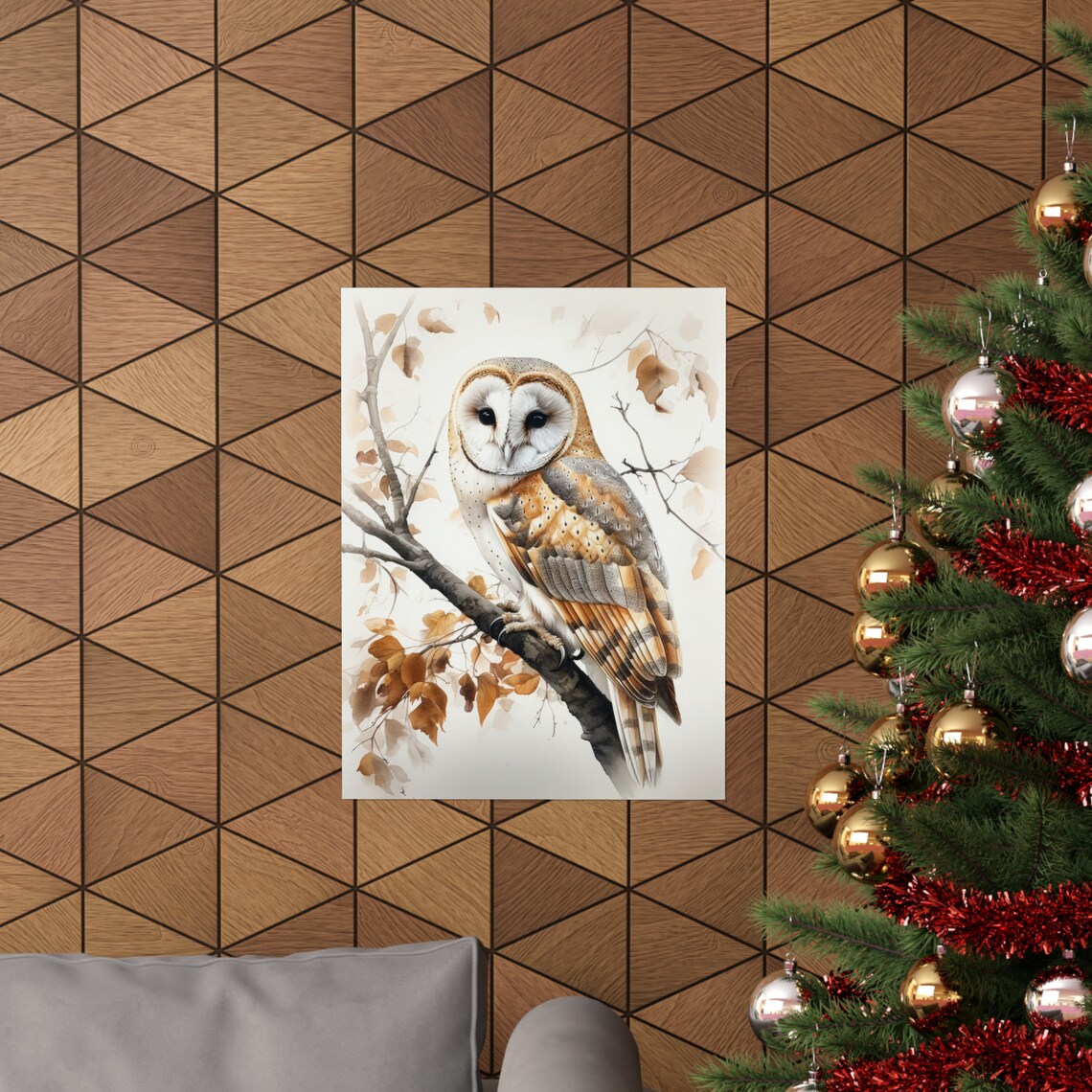 Barn Owl Watercolor Branch Autumn Leaves Bird Painting Wall Art - Image 3