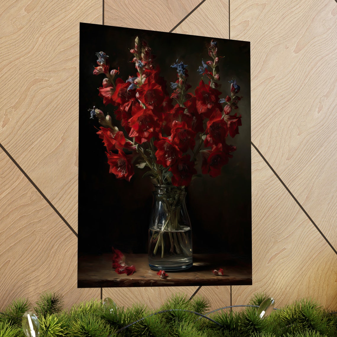 Deep Red Delphinium Bouquet Glass Vase Dark Still Life Poster - Image 2