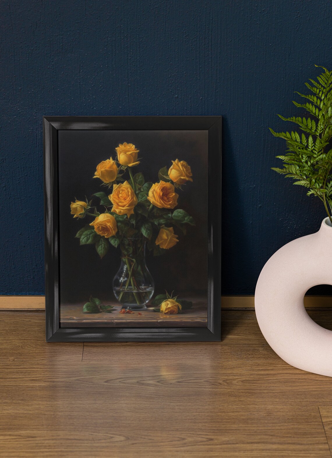 Yellow Rose Bouquet Golden Sunny Blooms Dark Still Life Art Poster
