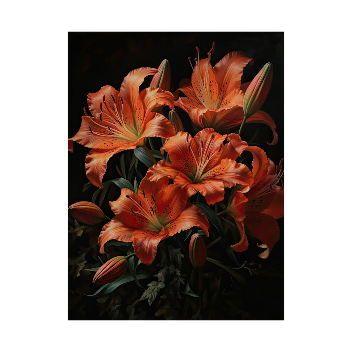 Orange Tiger Lily Blossoms Moody Black Background Floral Art Print - Image 4