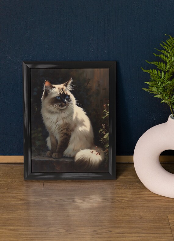 Birman Cat Blue Eyes Sunlit Garden Longhair Feline Art Poster
