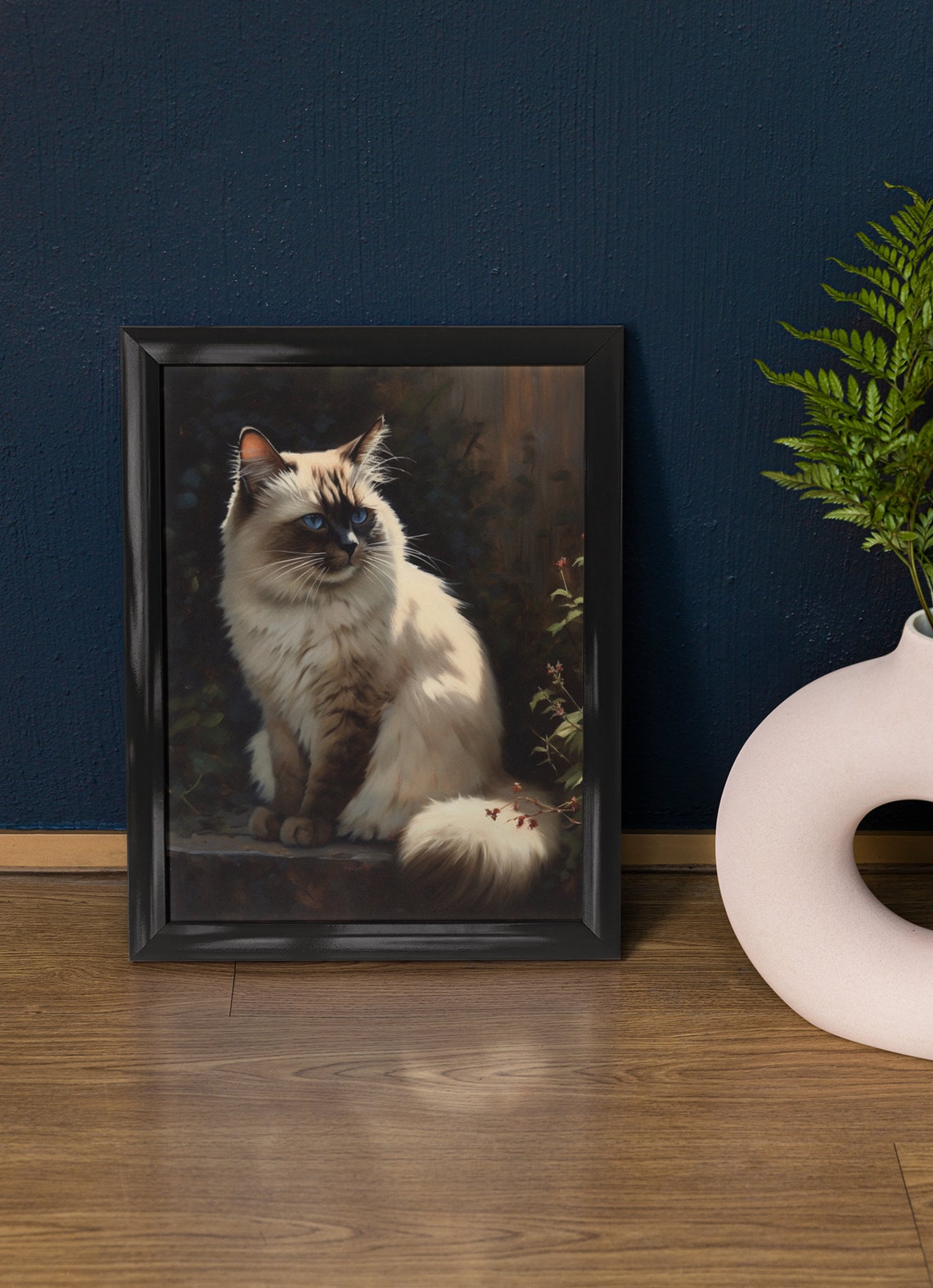 Birman Cat Blue Eyes Sunlit Garden Longhair Feline Art Poster