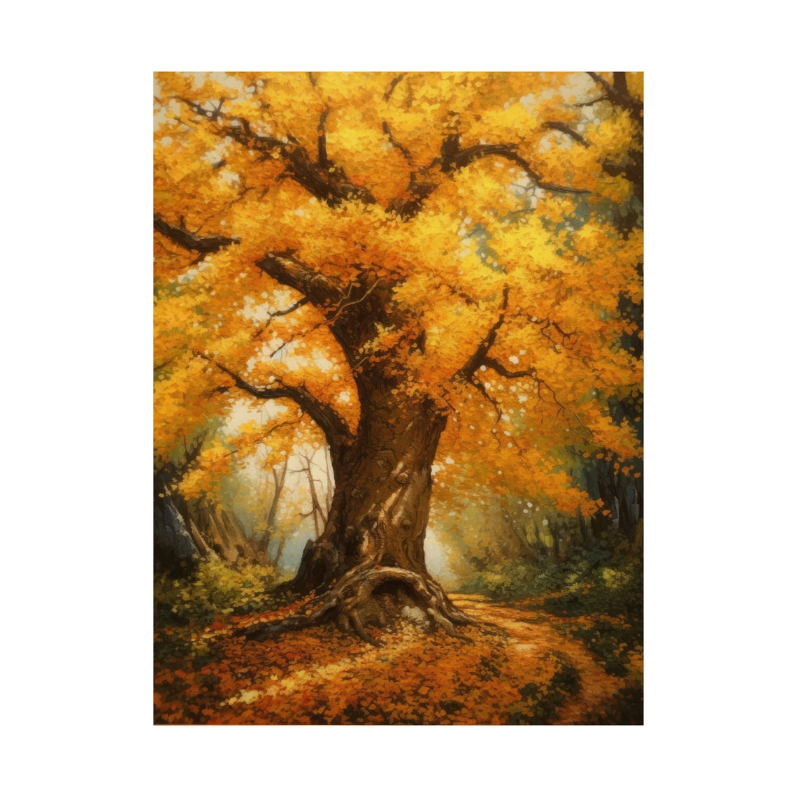 Golden Autumn Tree Majestic Fall Foliage Forest Painting Art Print - Image 4
