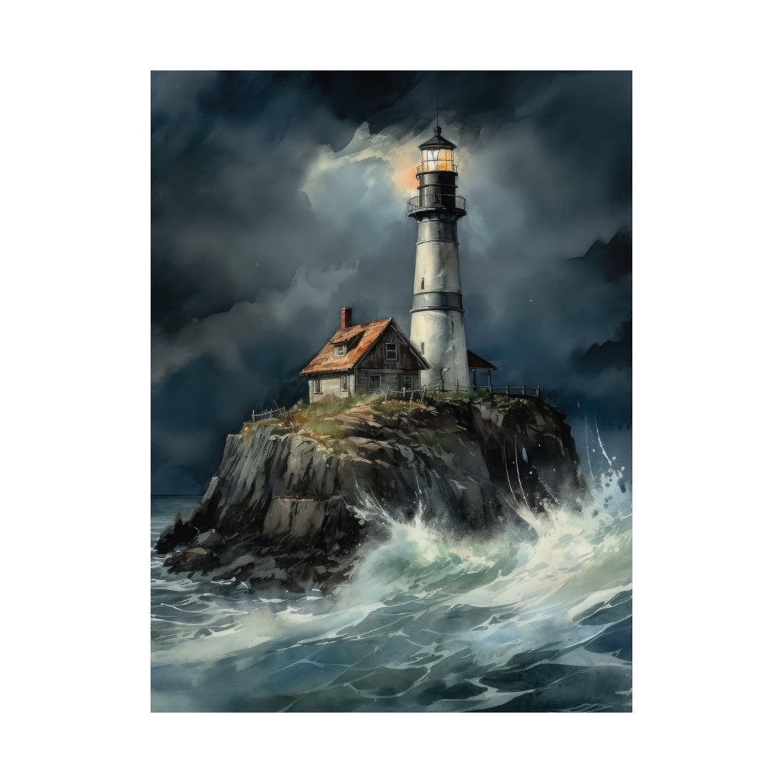 White Lighthouse Dark Rocky Island Night Storm Watercolor Poster - Image 4