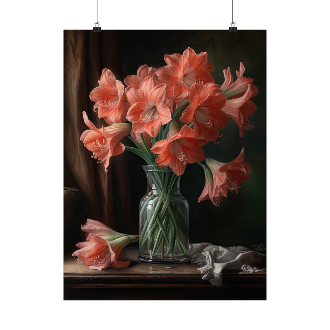 Salmon Amaryllis Flowers Dark Still Life Vase Table Art Print - Image 5