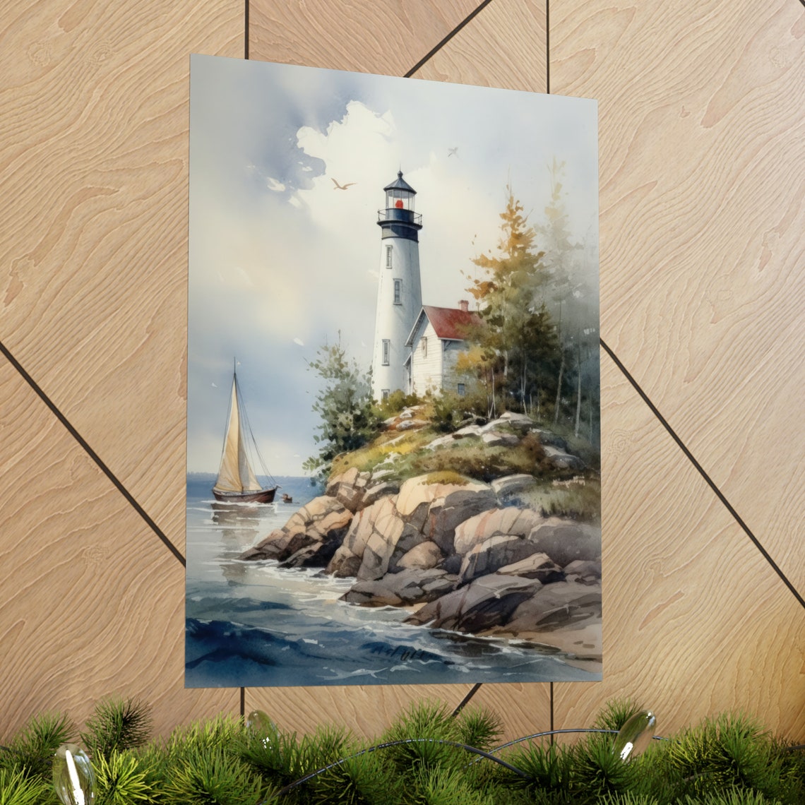 Lighthouse Art Print Lighthouse Painting Lighthouse Wall Art Beach Art Print Beach Wall Art Ocean Dcor Ocean Painting Ocean Theme - Image 2
