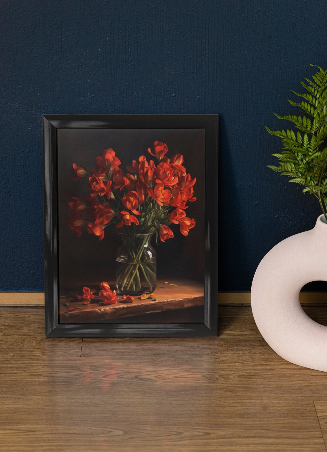 Red Freesia Still Life Flower Bouquet Glass Vase Dark Botanical Print