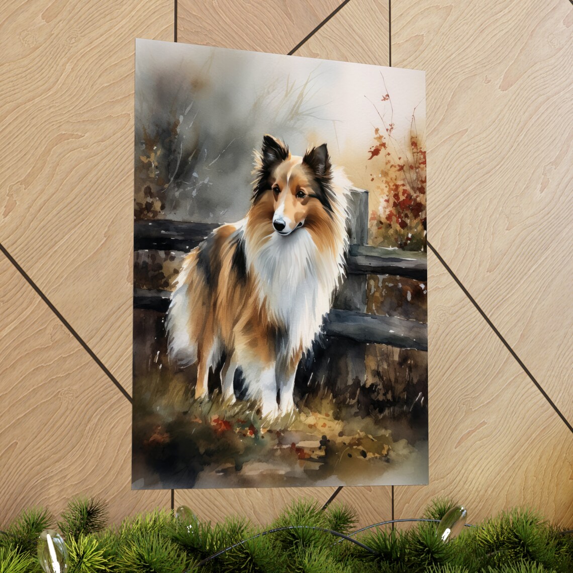 Shetland Sheepdog Dog Watercolor Portrait Autumn Fence Scene Poster - Image 2