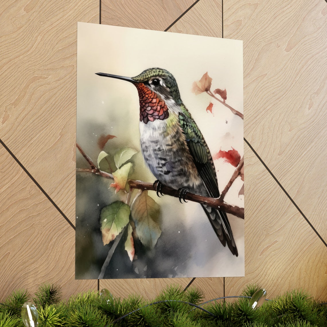 Annas Hummingbird Perched Red Gorget Watercolor Bird Portrait Poster - Image 2