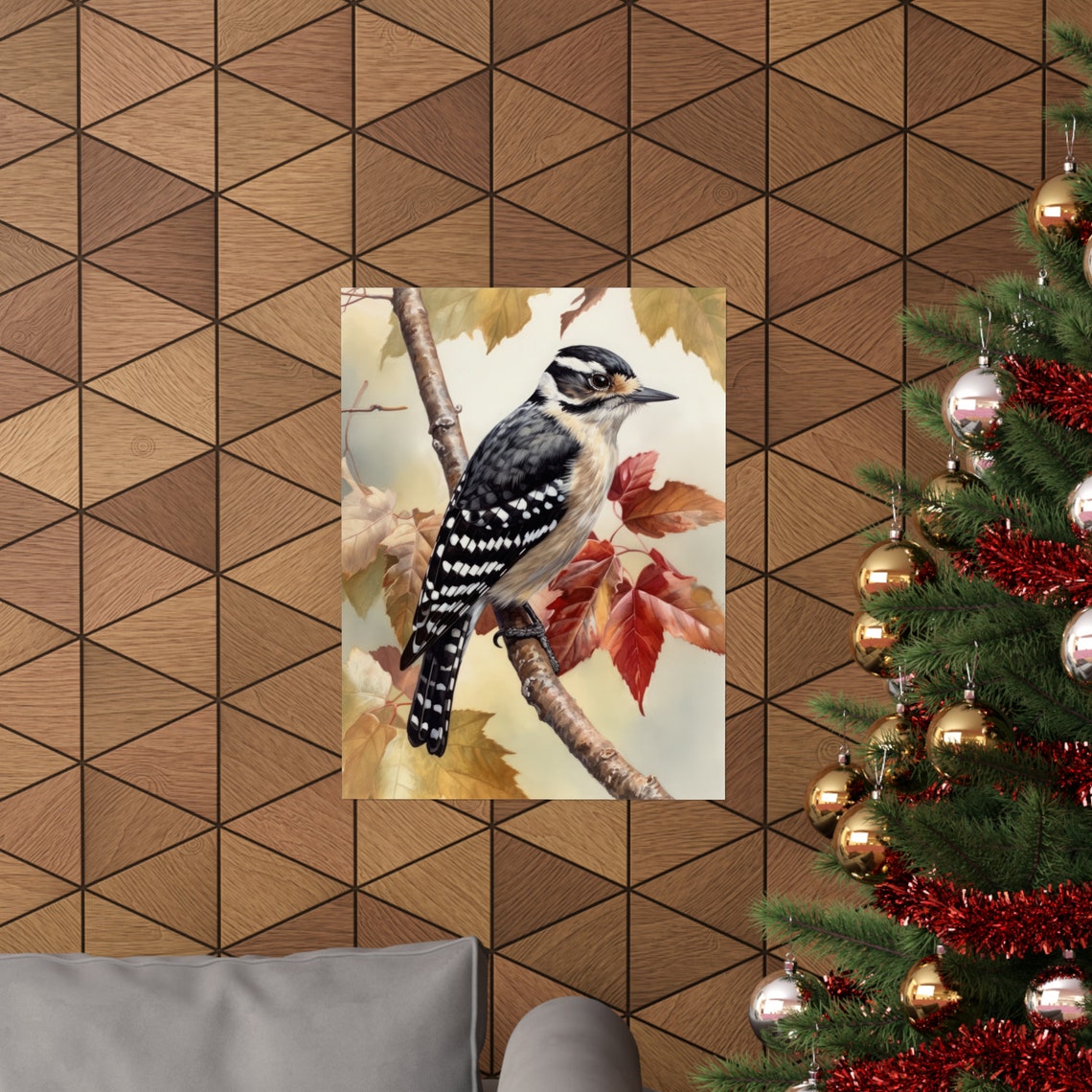 Downy Woodpecker Perched Autumn Leaves Bird Painting Fine Art Poster - Image 3