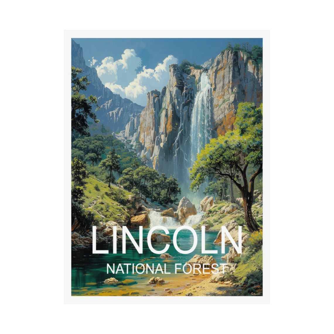 Lincoln National Forest Tall Waterfall Off Rocky Cliffs Pool Poster - Image 3