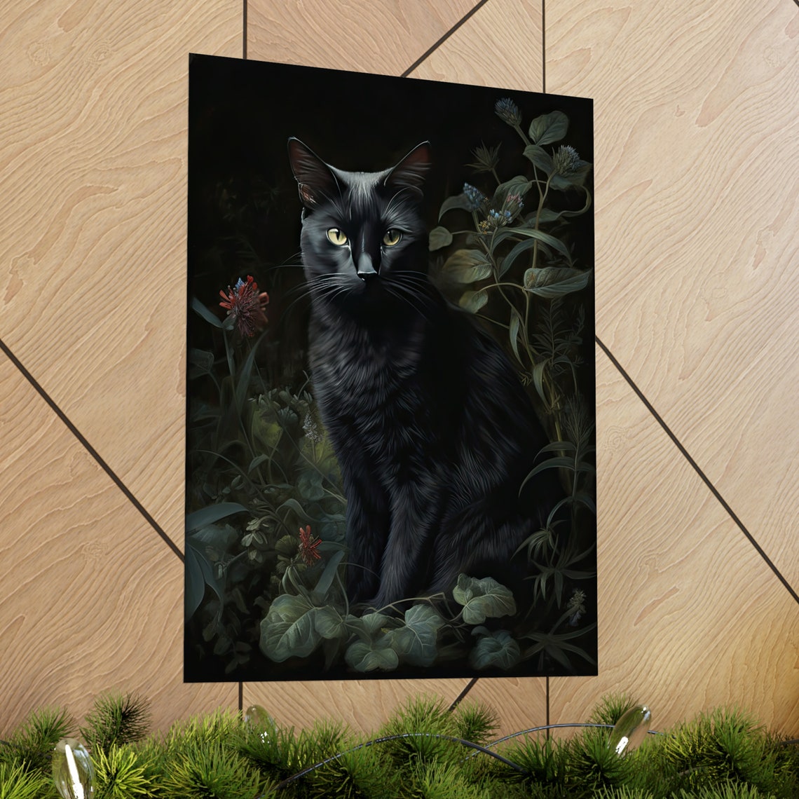 Black Cat With Pale Eyes Emerging From Dark Shadowy Foliage Poster - Image 2