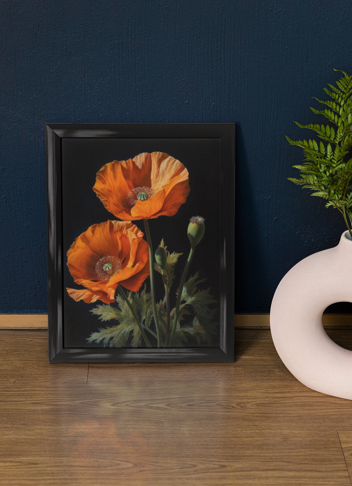 California Poppy Vivid Orange Blooms Buds Dark Floral Painting Poster