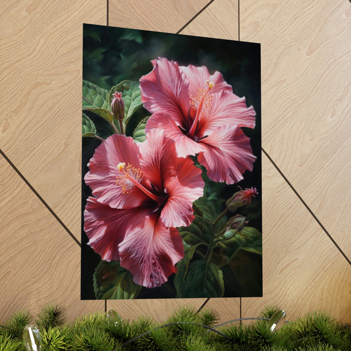 Pink Hibiscus Blooms Dark Background Tropical Floral Fine Art Poster - Image 2