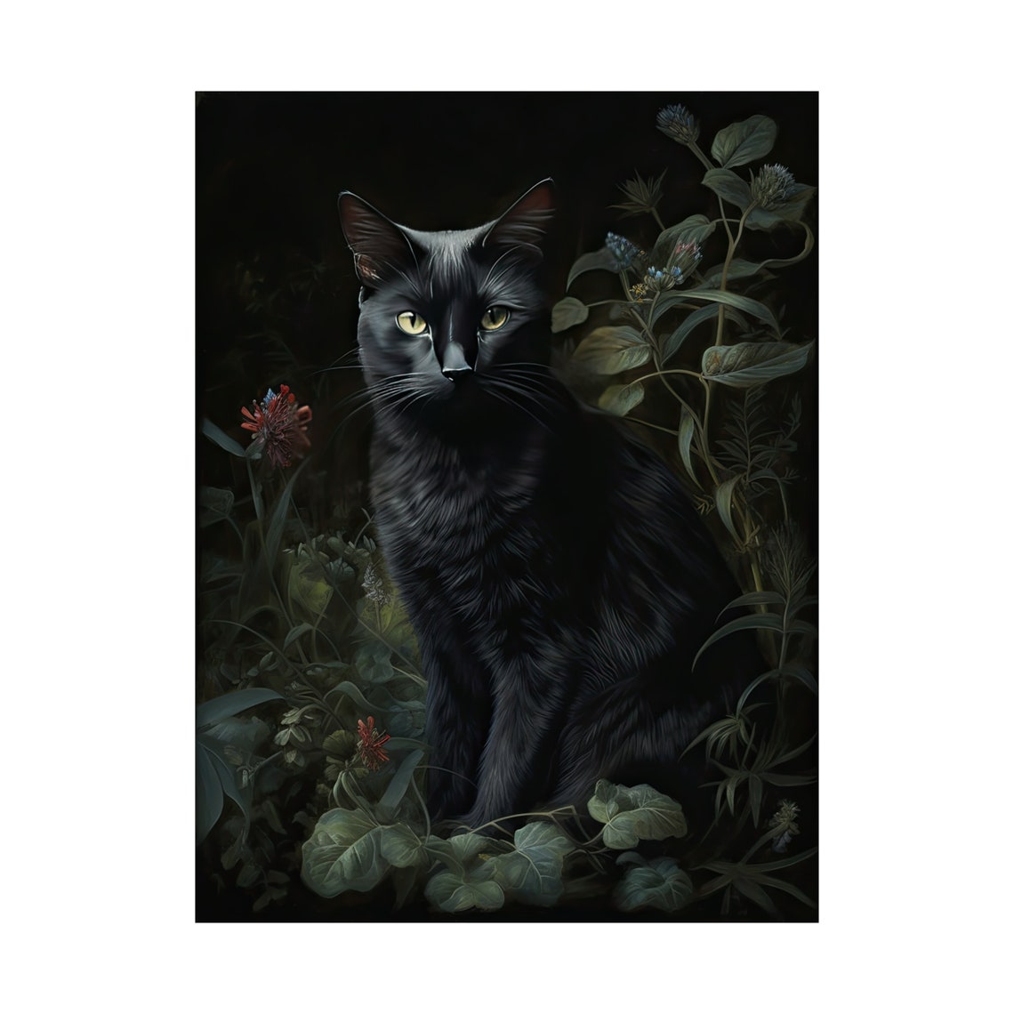 Black Cat With Pale Eyes Emerging From Dark Shadowy Foliage Poster - Image 4