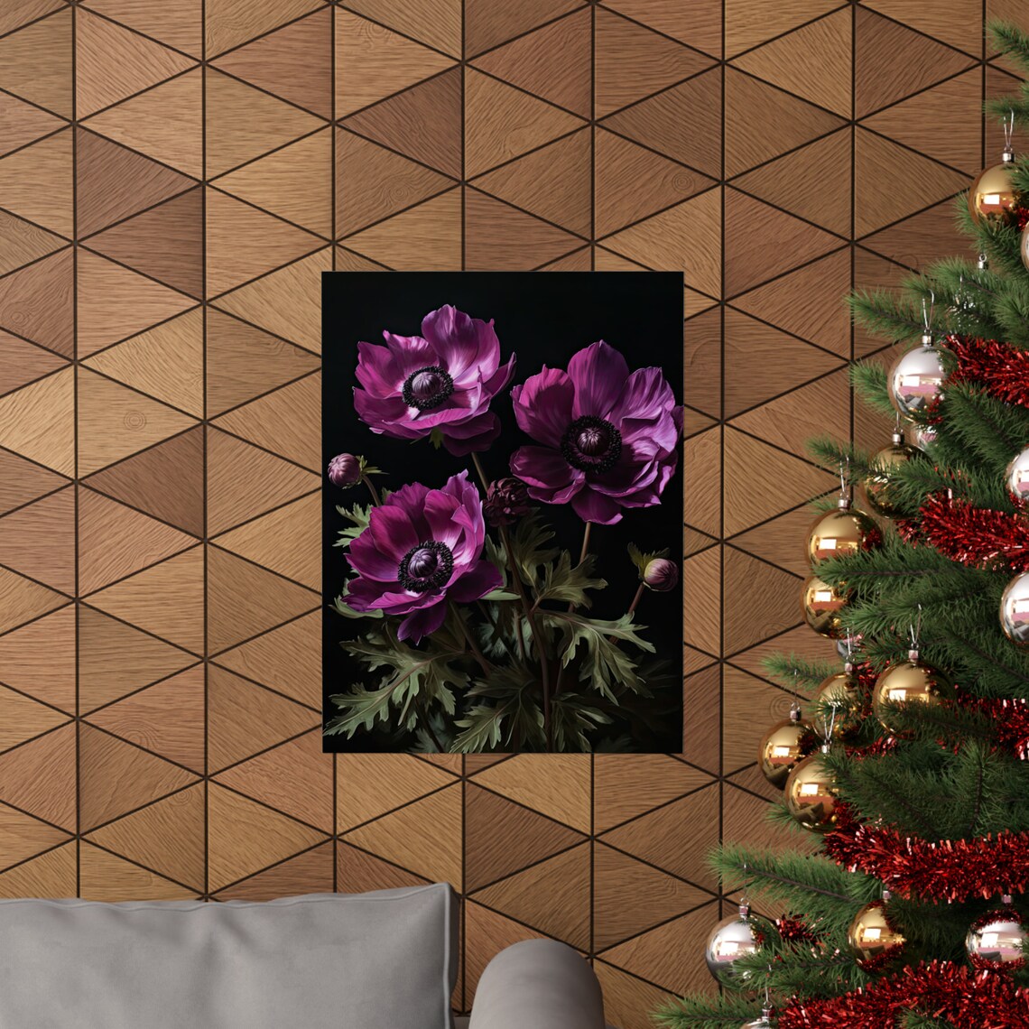 Magenta Anemone Trio Buds Dark Moody Botanical Floral Art Wall Print - Image 3