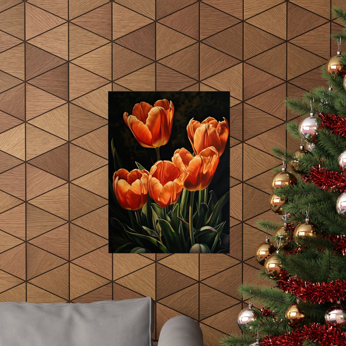 Glowing Orange Tulips Bloom Cluster Dark Floral Wall Art Print - Image 3