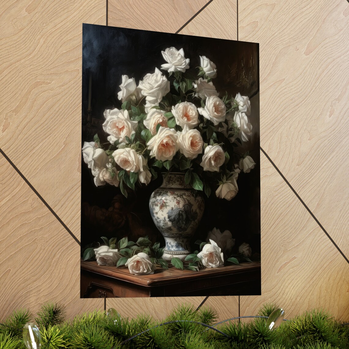 White Rose Bouquet Ivory Blooms Porcelain Vase Classic Art Poster - Image 2