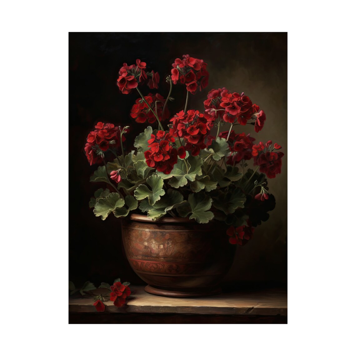 Burgundy Geranium Blossoms Copper Pot Dark Still Life Flower Poster - Image 4