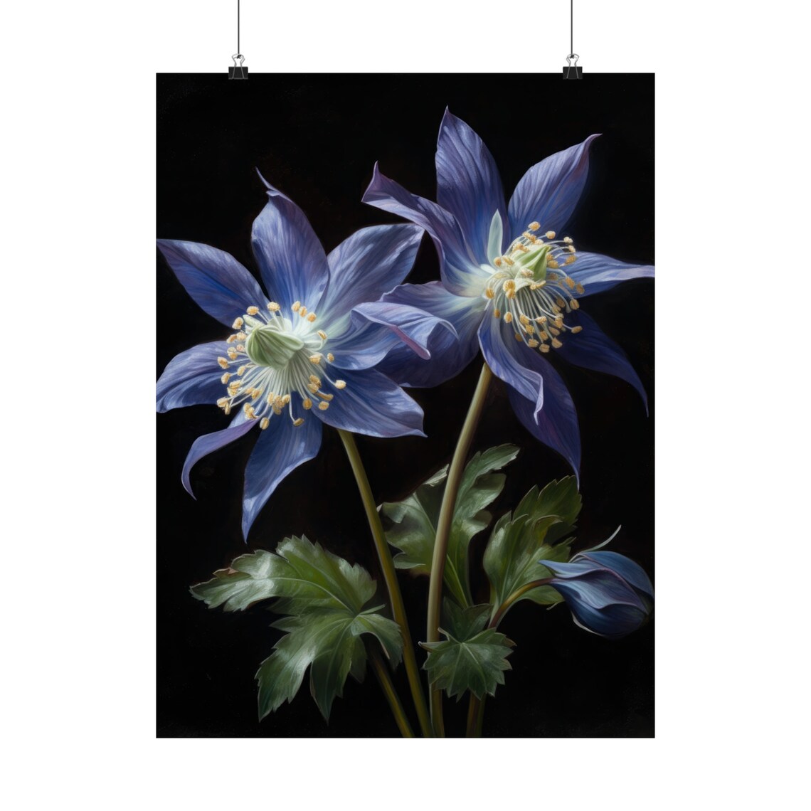 Blue Columbine Blossoms Dark Moody Botanical Floral Art Poster - Image 5