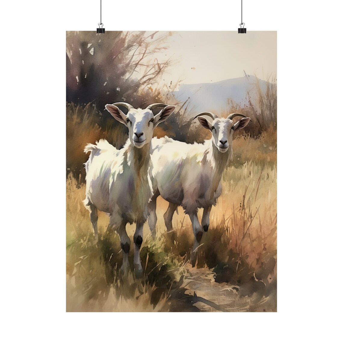 Two White Goats Watercolor Golden Field Farm Animal Painting Wall Art - Image 5