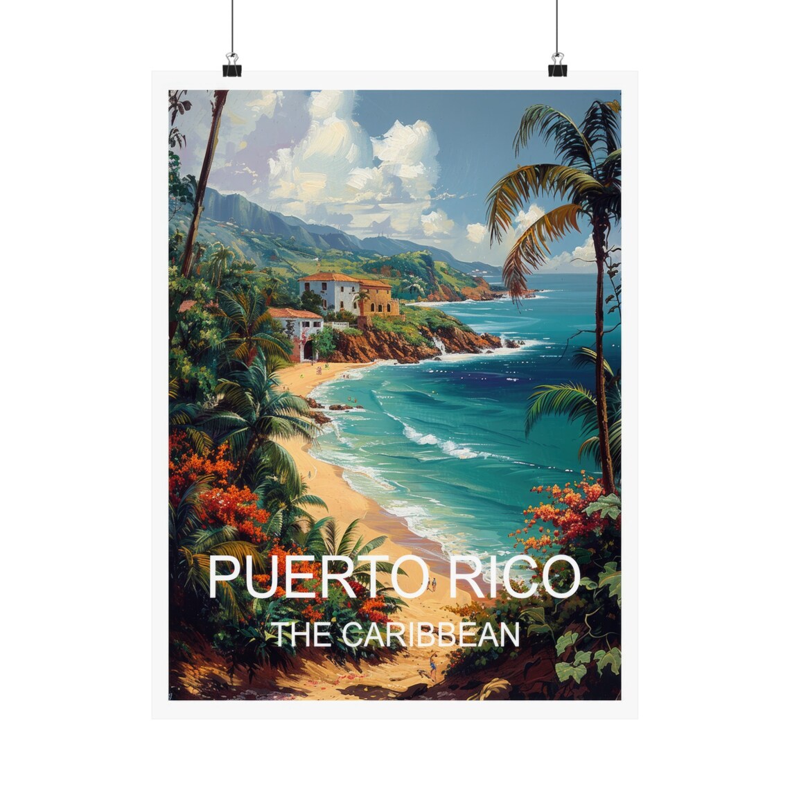 Puerto Rico Caribbean Beach Cliffs Colonial Houses Travel Poster - Image 5