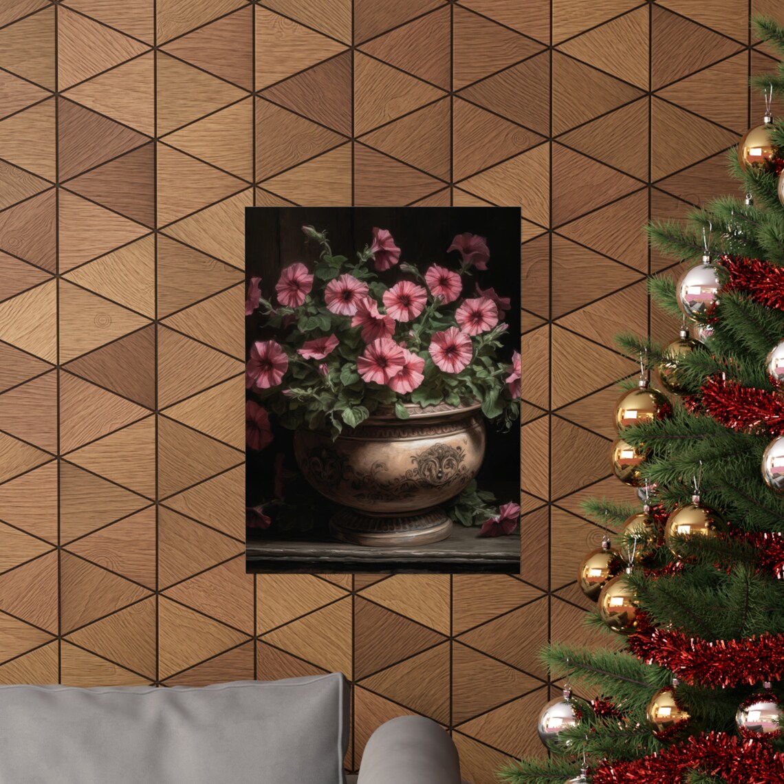Pink Petunias Ornate Bronze Urn Dark Moody Floral Still Life Poster - Image 3