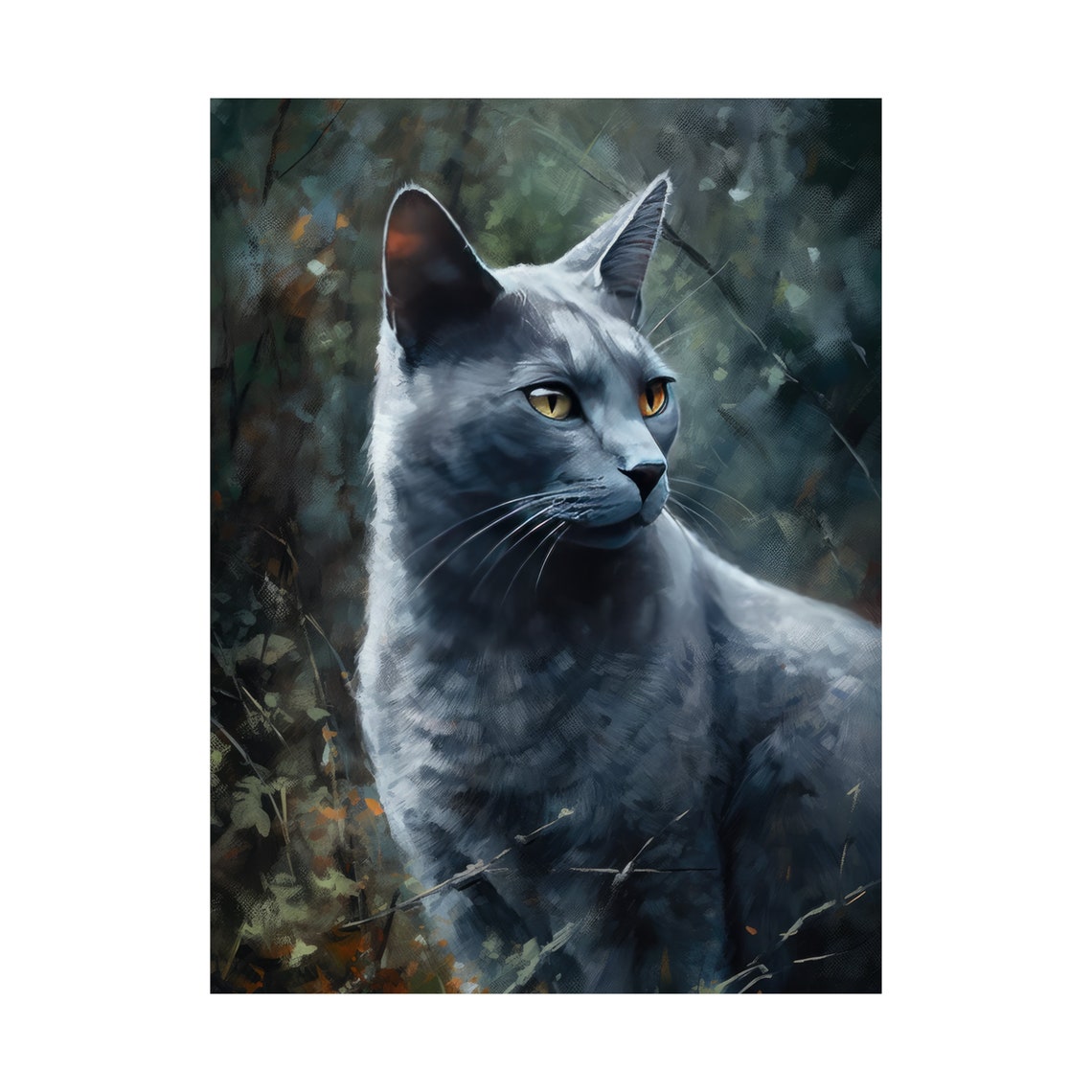 Blue Gray Cat Amber Eyes Forest Foliage Portrait Feline Art Poster - Image 4
