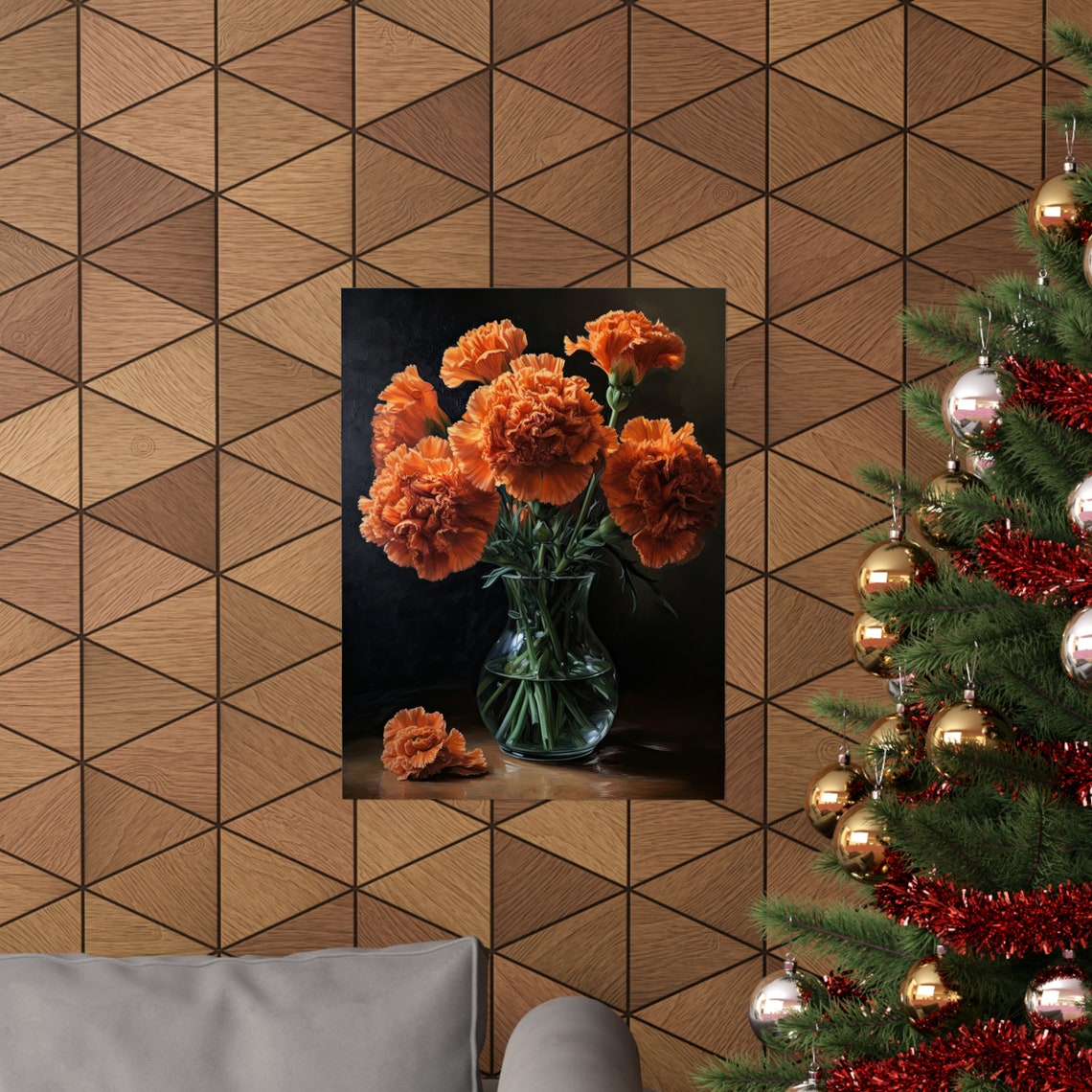 Orange Carnation Bouquet Clear Glass Vase Bold Dark Floral Poster - Image 3