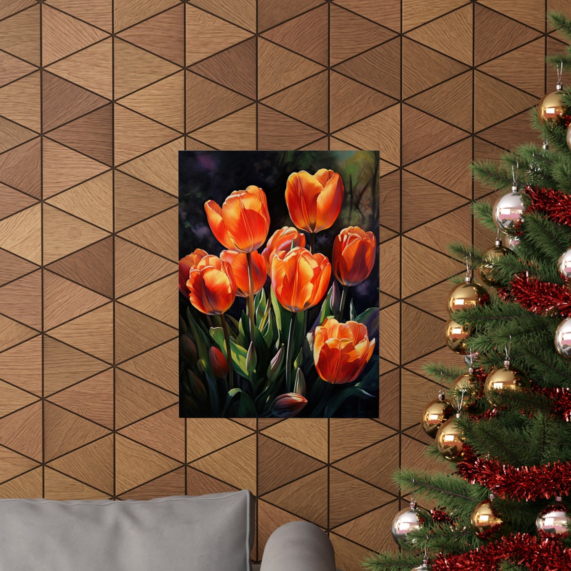 Sunlit Orange Tulips Bold Blooms Dark Floral Botanical Art Print - Image 3