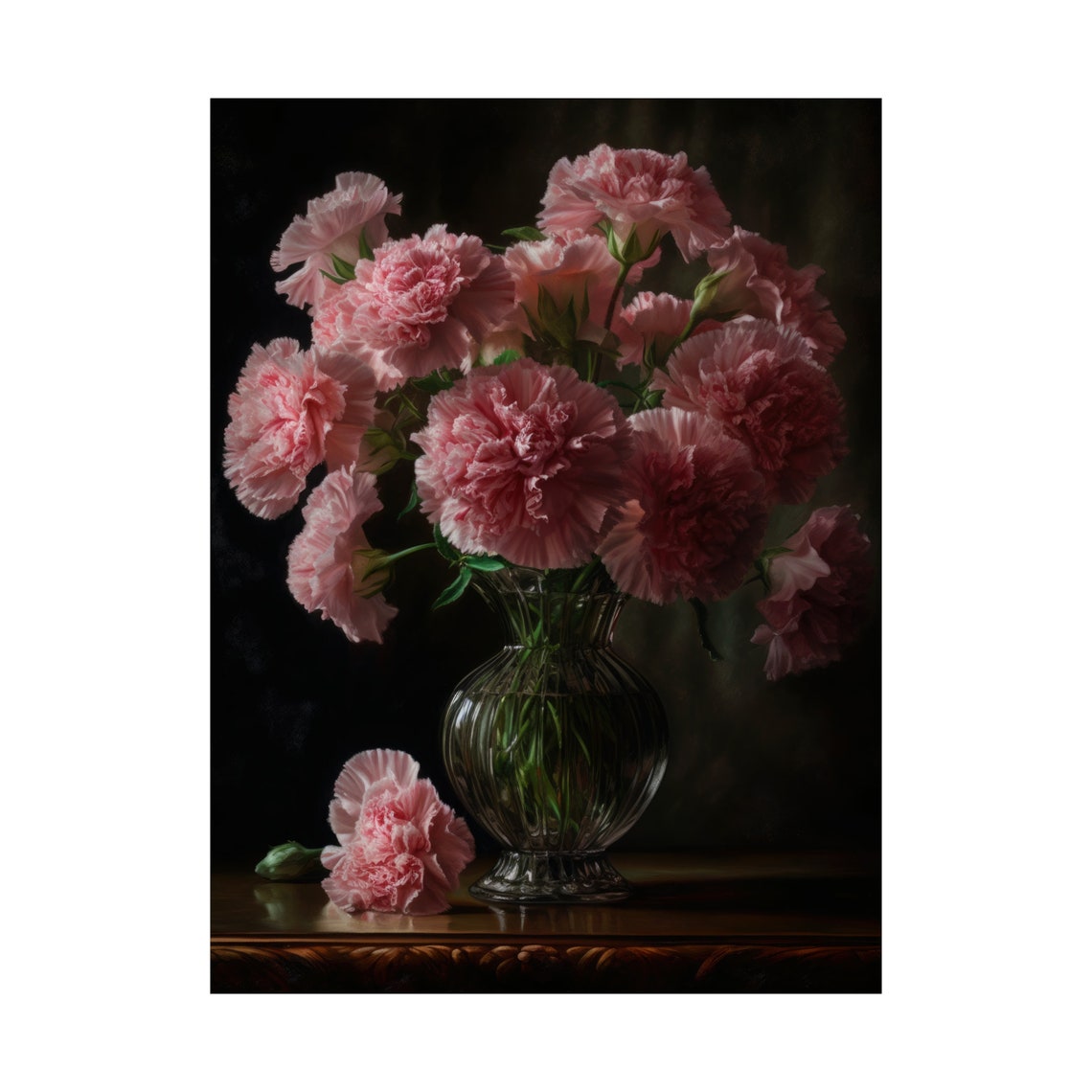Pink Carnations Ribbed Glass Vase Moody Evening Floral Art Poster - Image 4
